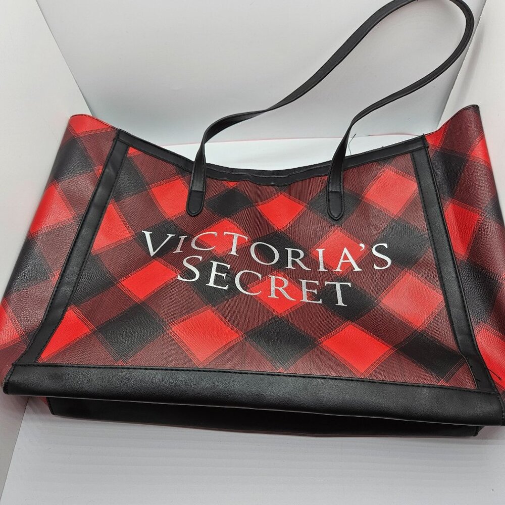 Victorias Secret Red & Black Buffalo Plaid Large Tote Bag Faux Leather Shopper